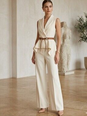 Belted Peplum Blazer Vest & Wide Leg Pants Set